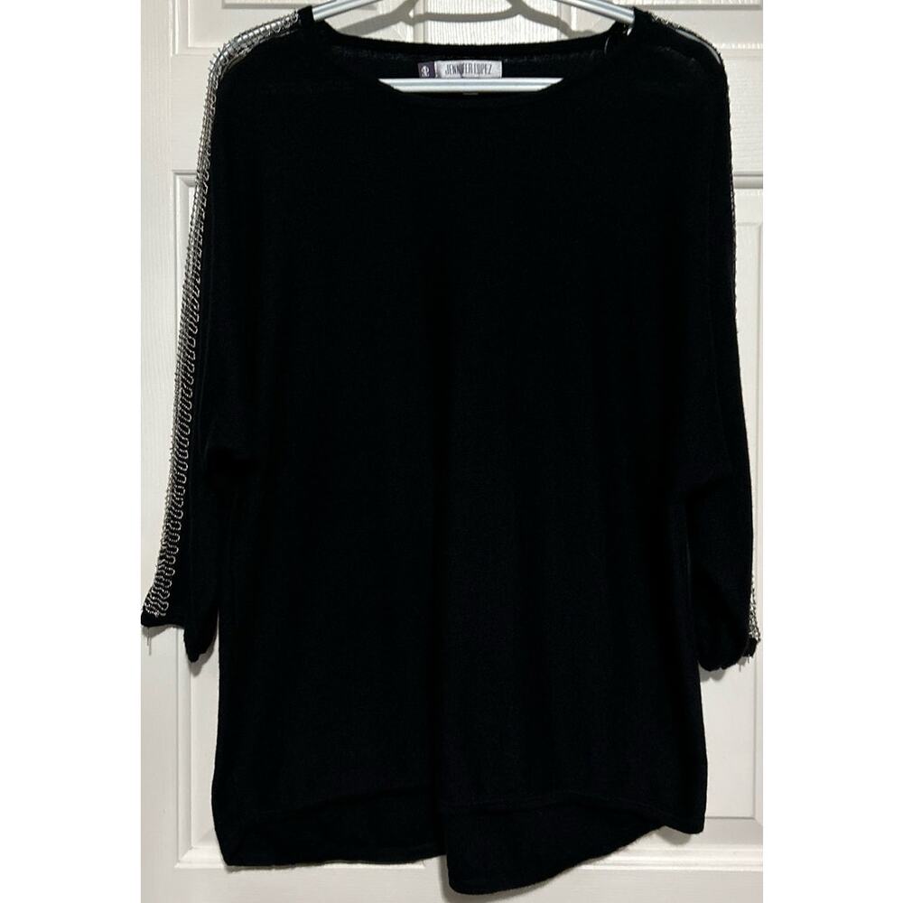 Jennifer Lopez Women's Black Long Sleeve Pullover Sweater Silver Beading Size L